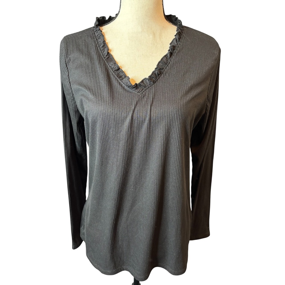 White Birch Charcoal Grey Ribbed Ruffle V-Neck Long Sleeve Top Size M